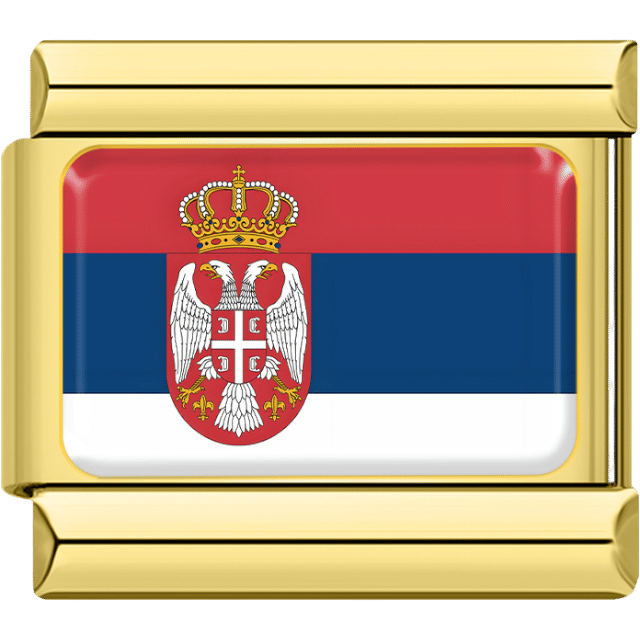 Gold rectangular Italian charm bracelet link featuring the flag of Serbia, with red, blue, and white horizontal stripes and the Serbian coat of arms on the left.